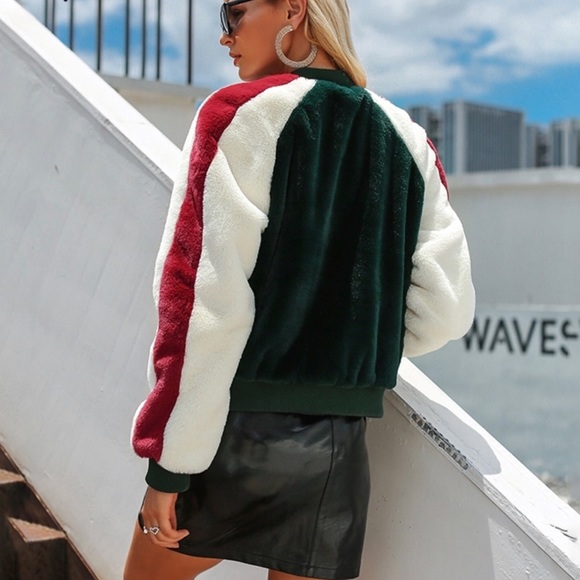 Y2K Striped Faux Fur Bomber/Track Jacket - Picture 3 of 10